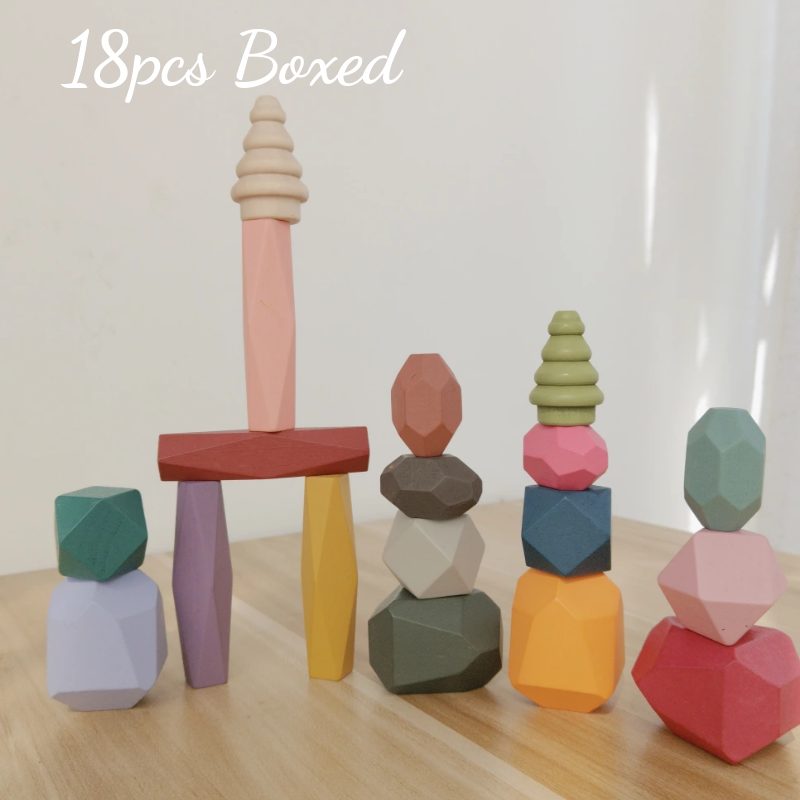 Montessori Wooden Stones 18 Piece Kit Tests Tiny Hands and Imaginations! Simple, But Fun, Colorful and Challenging! Great for Home or PreSchools!